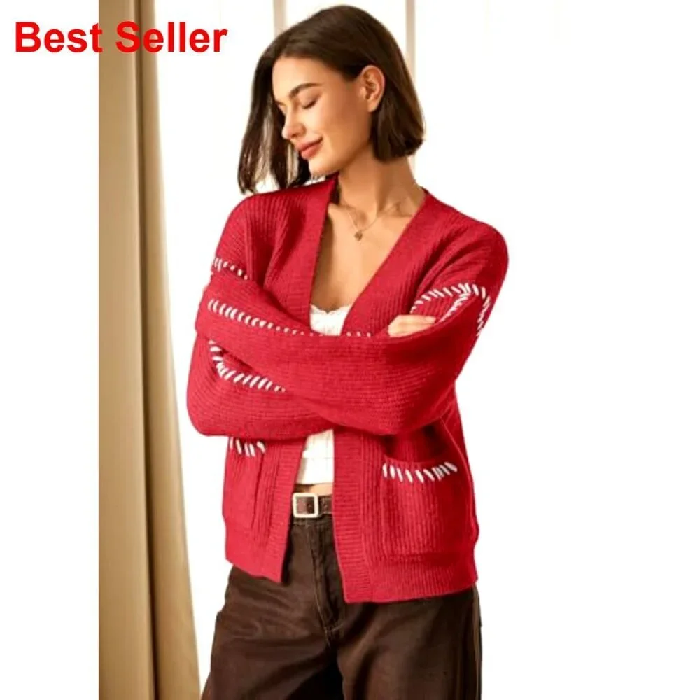 Oversized Cable Knit Cardigan Sweater, Chunky Open Front, Pockets